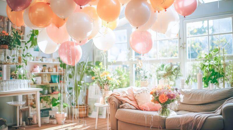 1歳自宅保育雨の日に風船を沢山作って飾っている様子